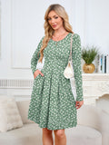 Chiclily Women's Long Sleeve Fall Dress Floral Casual Pleated Swing T-Shirt Dresses with Pockets