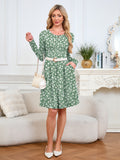Chiclily Women's Long Sleeve Fall Dress Floral Casual Pleated Swing T-Shirt Dresses with Pockets