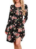 Chiclily Women's Long Sleeve Fall Dress Floral Casual Pleated Swing T-Shirt Dresses with Pockets