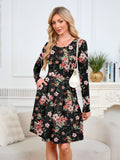 Chiclily Women's Long Sleeve Fall Dress Floral Casual Pleated Swing T-Shirt Dresses with Pockets