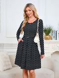 Chiclily Women's Long Sleeve Fall Dress Floral Casual Pleated Swing T-Shirt Dresses with Pockets