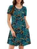 Chiclily Women's Summer Casual T-Shirt Dress - Short Sleeve Crisscross V-Neck Swing A-Line Tunic Sundress with Pockets