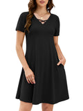 Chiclily Women's Summer Casual T-Shirt Dress - Short Sleeve Crisscross V-Neck Swing A-Line Tunic Sundress with Pockets