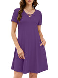 Chiclily Women's Summer Casual T-Shirt Dress - Short Sleeve Crisscross V-Neck Swing A-Line Tunic Sundress with Pockets