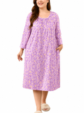 SHOWMALL Women's Plus Size Nightgown with Pockets Soft 3/4 Sleeve Pleated Crew Neck Sleep Dress Loose Lounge Sleepwear