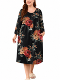 SHOWMALL Women's Plus Size Nightgown with Pockets Soft 3/4 Sleeve Pleated Crew Neck Sleep Dress Loose Lounge Sleepwear
