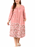 SHOWMALL Women's Plus Size Nightgown with Pockets Soft 3/4 Sleeve Pleated Crew Neck Sleep Dress Loose Lounge Sleepwear