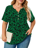 Women's Plus Size Blouse V-Neck Loose Fit Comfy Button Henley Shirt Short Sleeve