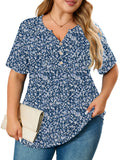 Women's Plus Size Blouse V-Neck Loose Fit Comfy Button Henley Shirt Short Sleeve