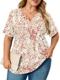 Women's Plus Size Blouse V-Neck Loose Fit Comfy Button Henley Shirt Short Sleeve