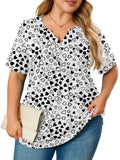 Women's Plus Size Blouse V-Neck Loose Fit Comfy Button Henley Shirt Short Sleeve