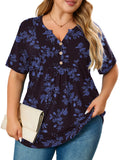 Women's Plus Size Blouse V-Neck Loose Fit Comfy Button Henley Shirt Short Sleeve