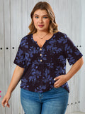 Women's Plus Size Blouse V-Neck Loose Fit Comfy Button Henley Shirt Short Sleeve