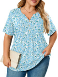 Women's Plus Size Blouse V-Neck Loose Fit Comfy Button Henley Shirt Short Sleeve