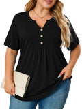 Women's Plus Size Blouse V-Neck Loose Fit Comfy Button Henley Shirt Short Sleeve