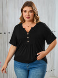 Women's Plus Size Blouse V-Neck Loose Fit Comfy Button Henley Shirt Short Sleeve