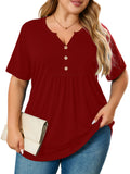 Women's Plus Size Blouse V-Neck Loose Fit Comfy Button Henley Shirt Short Sleeve