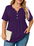 Women's Plus Size Blouse V-Neck Loose Fit Comfy Button Henley Shirt Short Sleeve