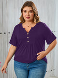 Women's Plus Size Blouse V-Neck Loose Fit Comfy Button Henley Shirt Short Sleeve
