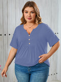 Women's Plus Size Blouse V-Neck Loose Fit Comfy Button Henley Shirt Short Sleeve