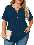 Women's Plus Size Blouse V-Neck Loose Fit Comfy Button Henley Shirt Short Sleeve