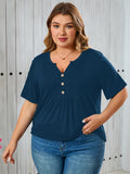Women's Plus Size Blouse V-Neck Loose Fit Comfy Button Henley Shirt Short Sleeve