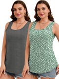 SHOWMALL 2 Pack Plus Size Sleeveless Tops for Women, Flattering Curved Hem Flowy Tank Tops, Casual Floral Shirts
