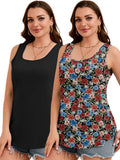 SHOWMALL 2 Pack Plus Size Sleeveless Tops for Women, Flattering Curved Hem Flowy Tank Tops, Casual Floral Shirts