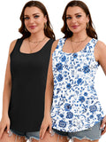 SHOWMALL 2 Pack Plus Size Sleeveless Tops for Women, Flattering Curved Hem Flowy Tank Tops, Casual Floral Shirts