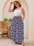 SHOWMALL Women's Plus Size High Waisted Maxi Skirts with Pockets, Boho Flowy A-Line Long Skirt, Casual Summer Beach Skirt with Drawstring