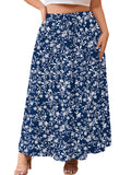 SHOWMALL Women's Plus Size High Waisted Maxi Skirts with Pockets, Boho Flowy A-Line Long Skirt, Casual Summer Beach Skirt with Drawstring