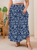 SHOWMALL Women's Plus Size High Waisted Maxi Skirts with Pockets, Boho Flowy A-Line Long Skirt, Casual Summer Beach Skirt with Drawstring