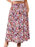 SHOWMALL Women's Plus Size High Waisted Maxi Skirts with Pockets, Boho Flowy A-Line Long Skirt, Casual Summer Beach Skirt with Drawstring