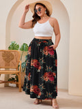 SHOWMALL Women's Plus Size High Waisted Maxi Skirts with Pockets, Boho Flowy A-Line Long Skirt, Casual Summer Beach Skirt with Drawstring