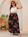 SHOWMALL Women's Plus Size High Waisted Maxi Skirts with Pockets, Boho Flowy A-Line Long Skirt, Casual Summer Beach Skirt with Drawstring