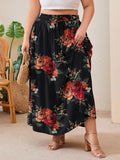 SHOWMALL Women's Plus Size High Waisted Maxi Skirts with Pockets, Boho Flowy A-Line Long Skirt, Casual Summer Beach Skirt with Drawstring