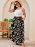 SHOWMALL Women's Plus Size High Waisted Maxi Skirts with Pockets, Boho Flowy A-Line Long Skirt, Casual Summer Beach Skirt with Drawstring