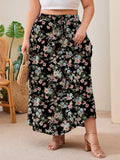 SHOWMALL Women's Plus Size High Waisted Maxi Skirts with Pockets, Boho Flowy A-Line Long Skirt, Casual Summer Beach Skirt with Drawstring