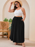 SHOWMALL Women's Plus Size High Waisted Maxi Skirts with Pockets, Boho Flowy A-Line Long Skirt, Casual Summer Beach Skirt with Drawstring