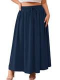 SHOWMALL Women's Plus Size High Waisted Maxi Skirts with Pockets, Boho Flowy A-Line Long Skirt, Casual Summer Beach Skirt with Drawstring