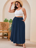 SHOWMALL Women's Plus Size High Waisted Maxi Skirts with Pockets, Boho Flowy A-Line Long Skirt, Casual Summer Beach Skirt with Drawstring