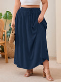SHOWMALL Women's Plus Size High Waisted Maxi Skirts with Pockets, Boho Flowy A-Line Long Skirt, Casual Summer Beach Skirt with Drawstring