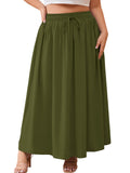 SHOWMALL Women's Plus Size High Waisted Maxi Skirts with Pockets, Boho Flowy A-Line Long Skirt, Casual Summer Beach Skirt with Drawstring