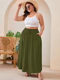 SHOWMALL Women's Plus Size High Waisted Maxi Skirts with Pockets, Boho Flowy A-Line Long Skirt, Casual Summer Beach Skirt with Drawstring