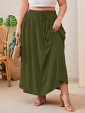 SHOWMALL Women's Plus Size High Waisted Maxi Skirts with Pockets, Boho Flowy A-Line Long Skirt, Casual Summer Beach Skirt with Drawstring