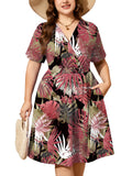 SHOWMALL Women's Plus Size Casual Summer Dress with Pockets, Crossover V Neck Beach Party Dress, Soft Breathable High Waist Sun Dress