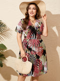 SHOWMALL Women's Plus Size Casual Summer Dress with Pockets, Crossover V Neck Beach Party Dress, Soft Breathable High Waist Sun Dress