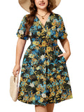 SHOWMALL Women's Plus Size Casual Summer Dress with Pockets, Crossover V Neck Beach Party Dress, Soft Breathable High Waist Sun Dress