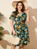 SHOWMALL Women's Plus Size Casual Summer Dress with Pockets, Crossover V Neck Beach Party Dress, Soft Breathable High Waist Sun Dress
