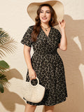 SHOWMALL Women's Plus Size Casual Summer Dress with Pockets, Crossover V Neck Beach Party Dress, Soft Breathable High Waist Sun Dress